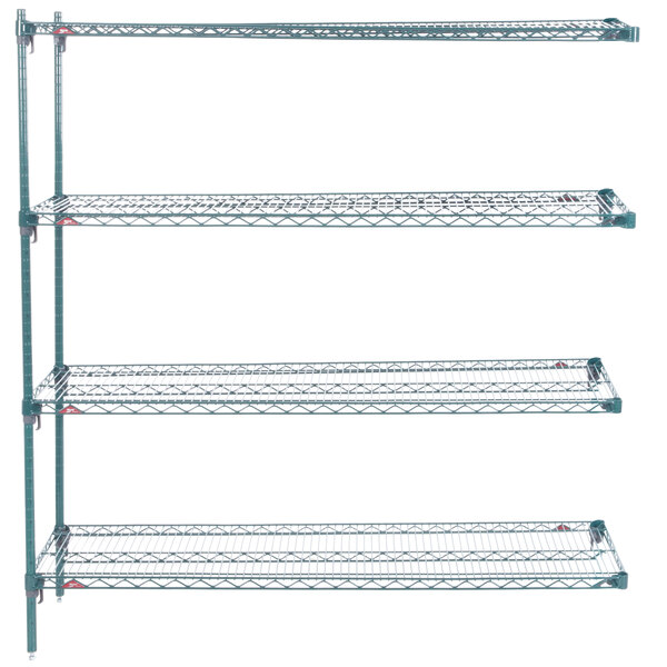 A Metro Super Erecta wire shelving add-on unit with three metal shelves.