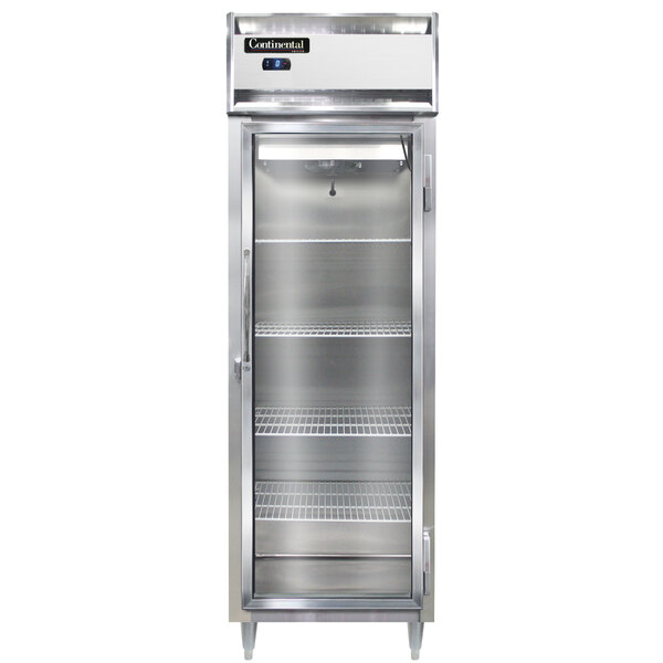 A Continental reach-in freezer with glass doors.