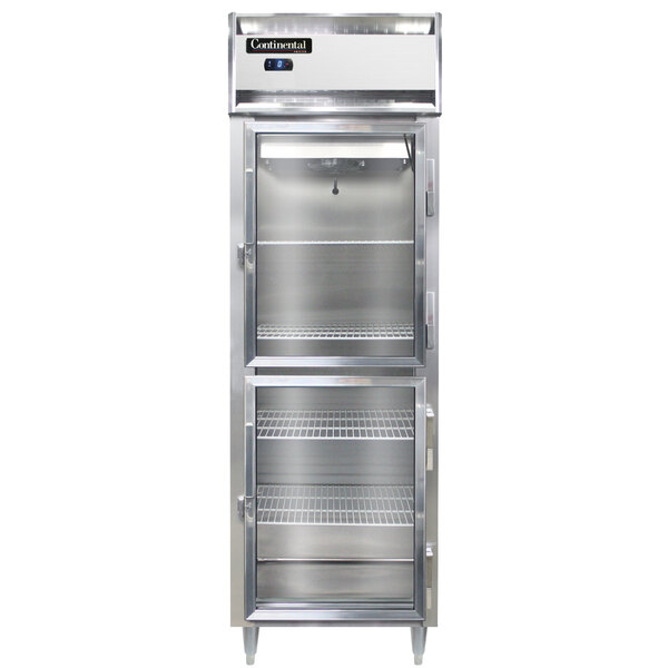 A Continental shallow depth reach-in freezer with half glass doors.