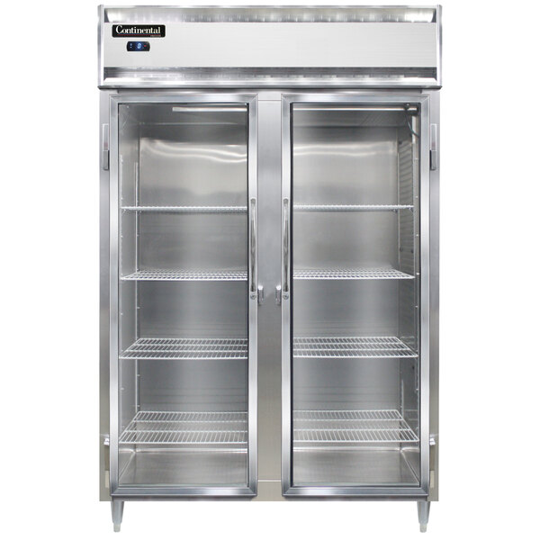 A Continental glass door reach-in freezer with two doors.