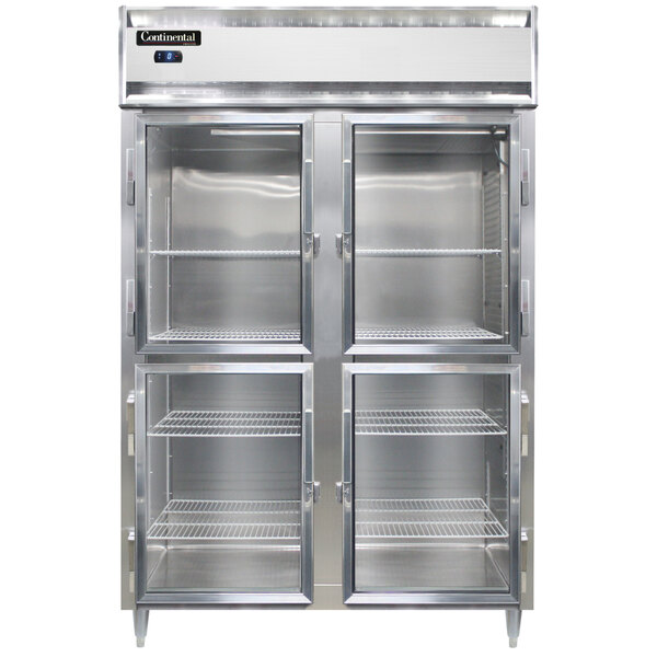 A Continental shallow depth reach-in freezer with double glass doors on a stainless steel cabinet.