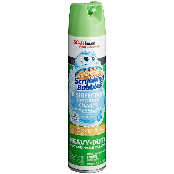 A green and white SC Johnson spray bottle of Scrubbing Bubbles foaming disinfectant.