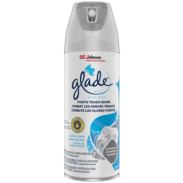 A white SC Johnson Glade air freshener spray can with blue text.