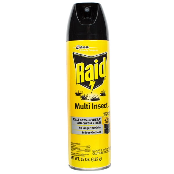 A yellow can of SC Johnson Raid Multi Insect Bug Killer Spray with black and yellow text.