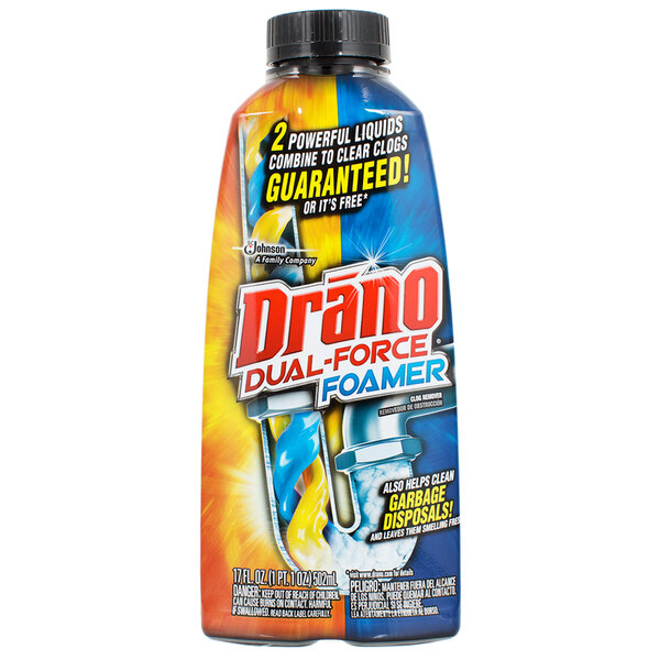 A close up of a bottle of SC Johnson Drano Dual Force Foamer Drain Cleaner with a black cap.