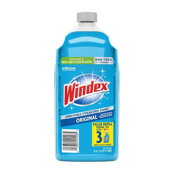 A blue SC Johnson Windex bottle with a label. The label has a yellow and blue logo of a window cleaner.