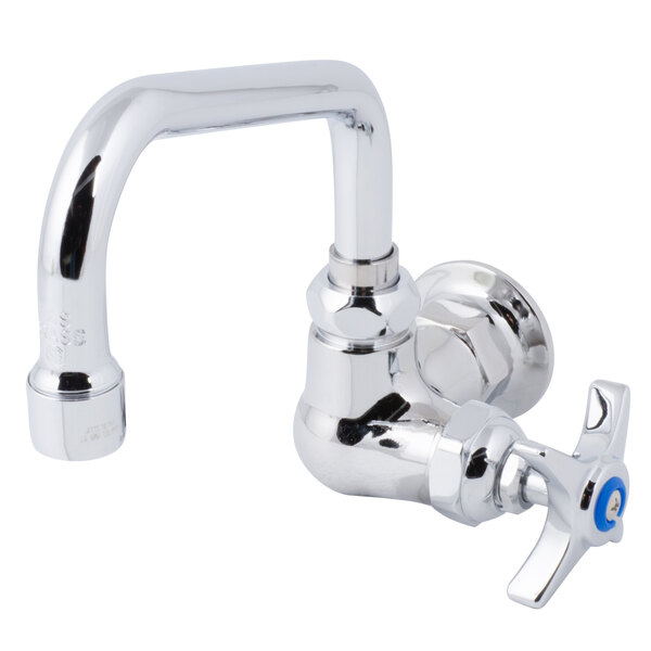A T&S chrome wall mounted faucet with a 4-arm handle and 6" swing spout.