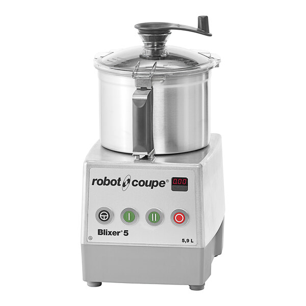 A silver Robot Coupe commercial food processor with a lid on it.