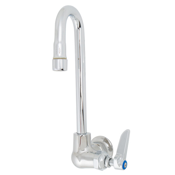 A T&S chrome wall mount faucet with a gooseneck spout and 1-arm handle.