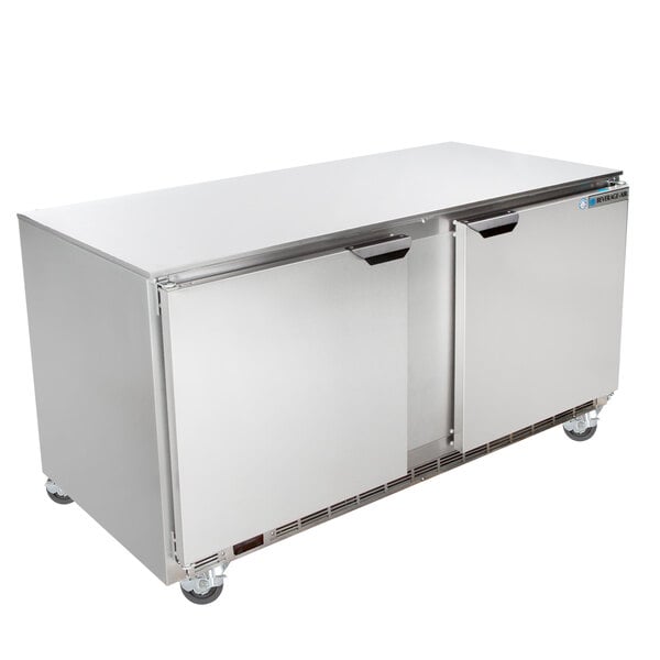 A stainless steel Beverage-Air undercounter freezer with two doors.