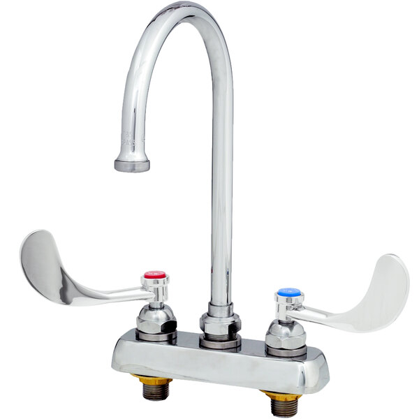 A chrome T&S deck-mounted workboard faucet with two gooseneck spouts and wrist action handles.