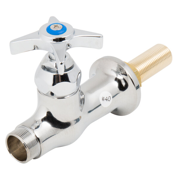 A silver T&S faucet base with a blue knob.