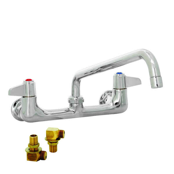 A chrome Equip by T&amp;S wall mounted faucet with lever handles and brass elbows.