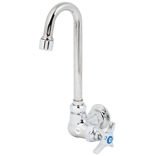 A silver T&S wall mount faucet with a gooseneck spout and 4-arm handle.