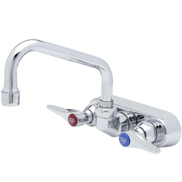 A T&S chrome wall mount faucet with two lever handles, one blue.