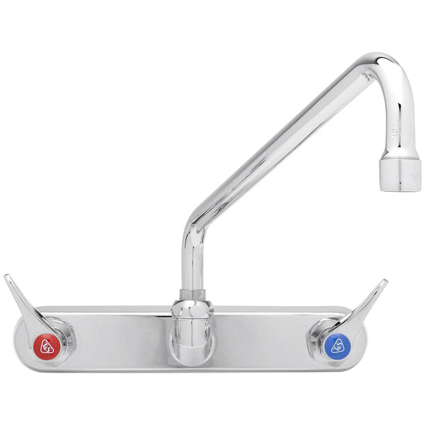 A T&S chrome wall mount faucet with lever handles.