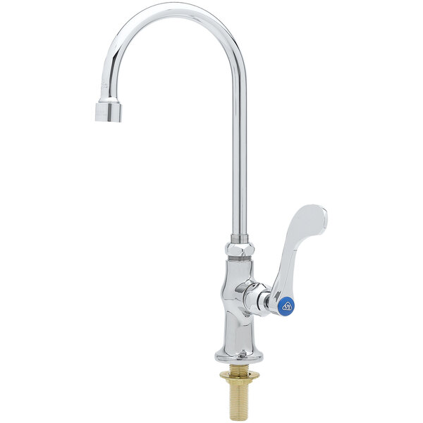 A T&S chrome deck-mounted pantry faucet with a white wrist handle.