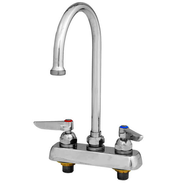A silver T&S deck-mounted workboard faucet with two lever handles.