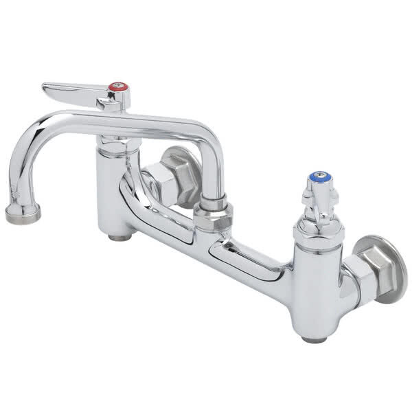 A chrome Equip by T&S wall mounted faucet with 8" adjustable centers and lever handles.
