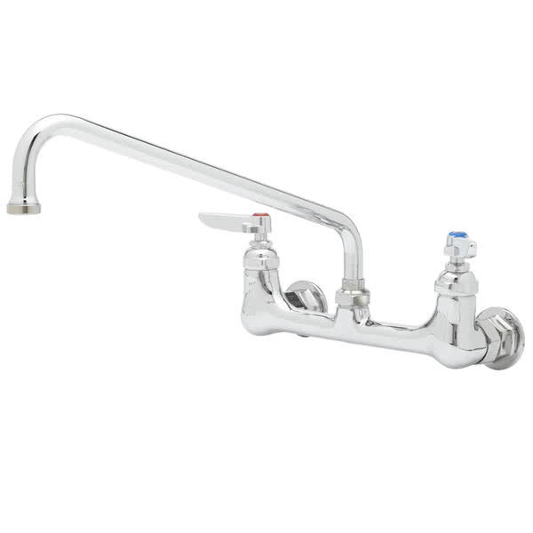 A white chrome Equip by T&S wall mounted faucet with 8" adjustable centers and lever handles.