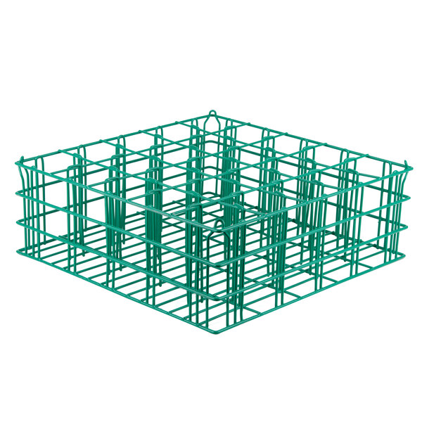 A green wire basket with 25 compartments for glassware.