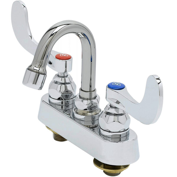 A T&S deck-mounted workboard faucet with two wrist handles and a gooseneck spout.