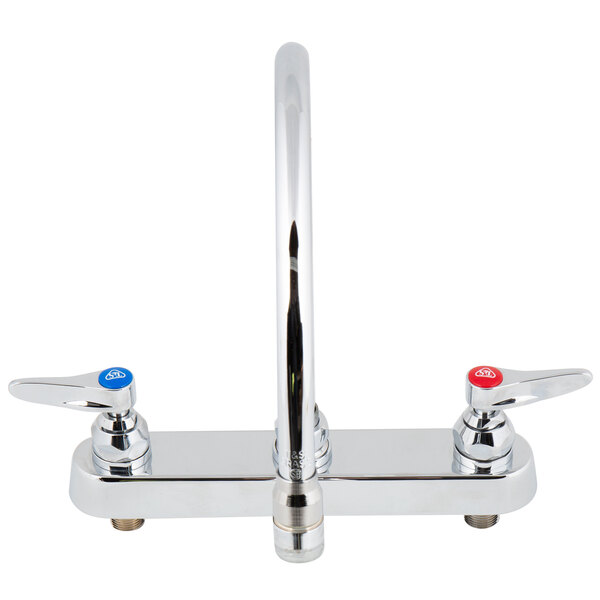 A chrome T&S deck-mounted workboard faucet with two lever handles.