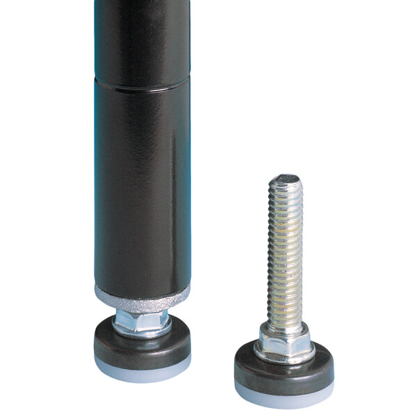 A close-up of a black Metro decorative leveling foot with a screw and a cylinder.