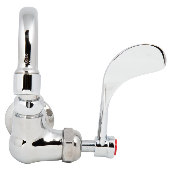 A chrome T&S wall mounted faucet with a wrist handle.