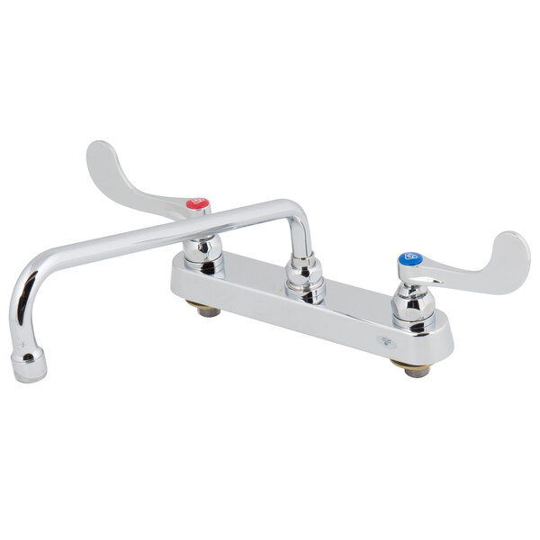 A T&S deck-mounted workboard faucet with wrist handles and a swing nozzle over a white background.