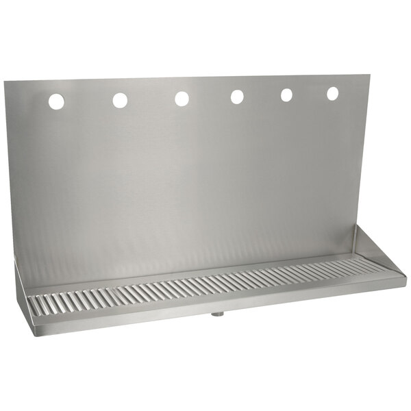 A stainless steel wall mount with six faucet holes.