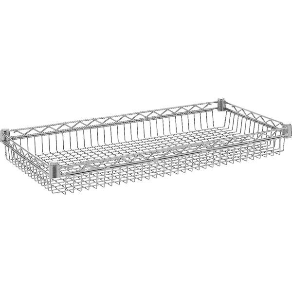 A Metro Super Erecta wire basket shelf with a wire basket on it.