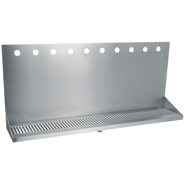 A stainless steel wall mount with 10 faucet holes.