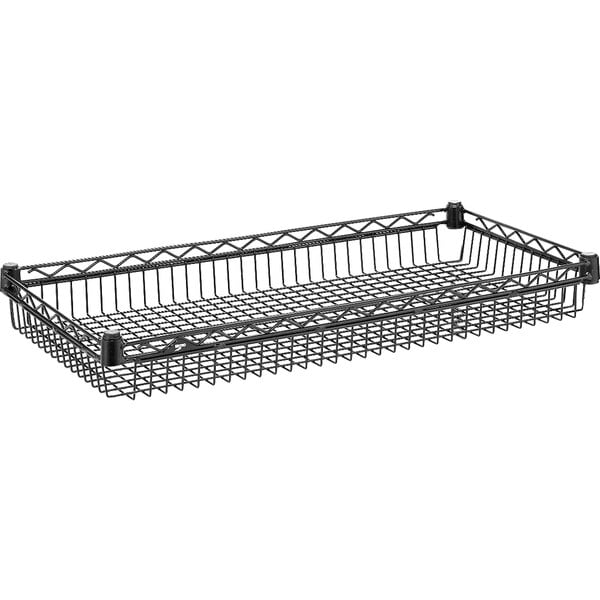 A black wire basket shelf from Metro Super Erecta.