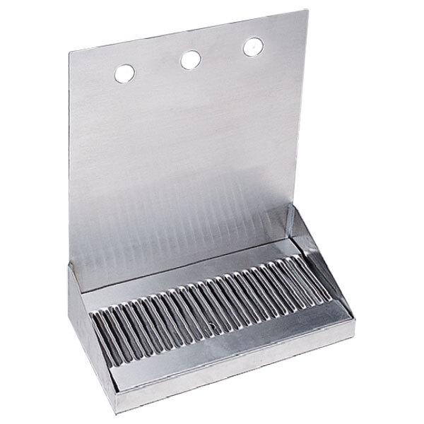 A Micro Matic stainless steel wall mount drip tray with three faucet holes.
