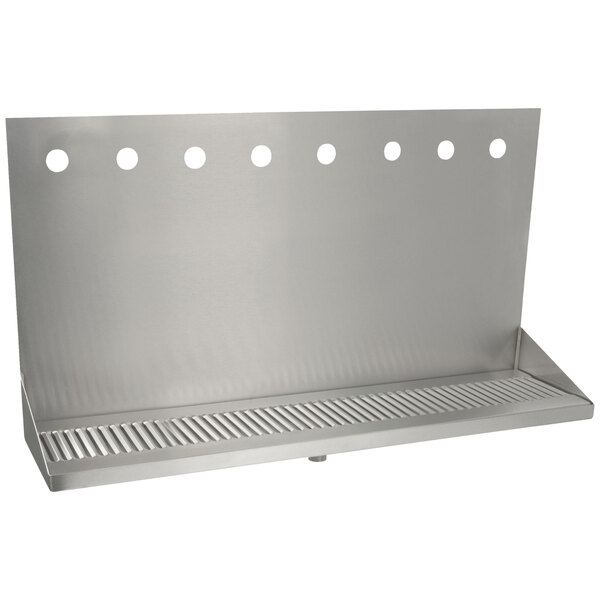 A Micro Matic stainless steel wall mount drip tray with 8 faucets and holes.