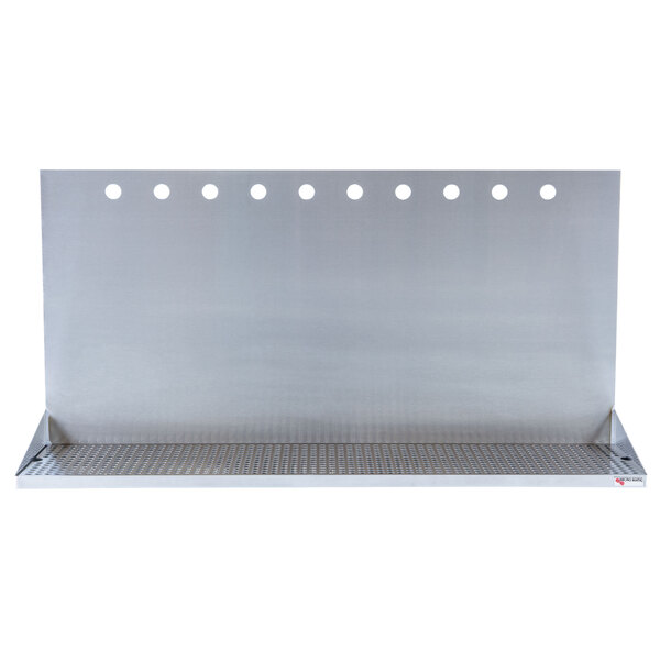 A stainless steel wall mount shelf with 10 faucet holes.
