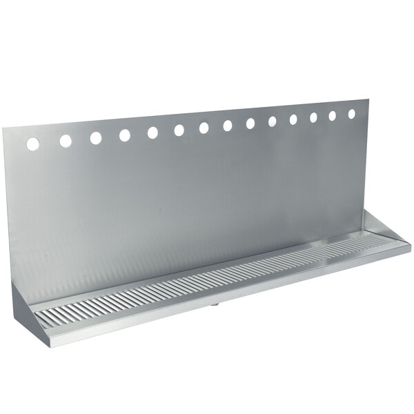A stainless steel Micro Matic wall mount drip tray shelf with holes.