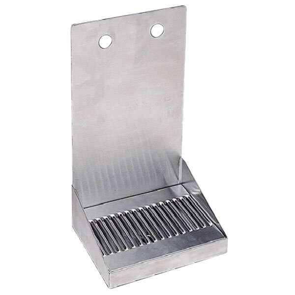 A stainless steel wall mount drip tray with 2 faucets and a metal box with holes.