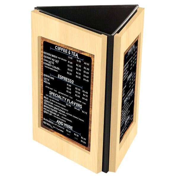 A Menu Solutions natural wood table tent with three views holding a menu on a table.