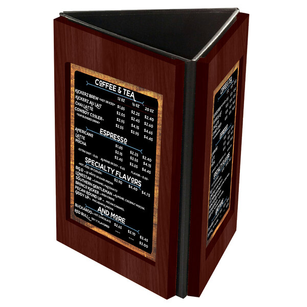 A Menu Solutions mahogany wooden table tent with three views holding a menu on a counter.