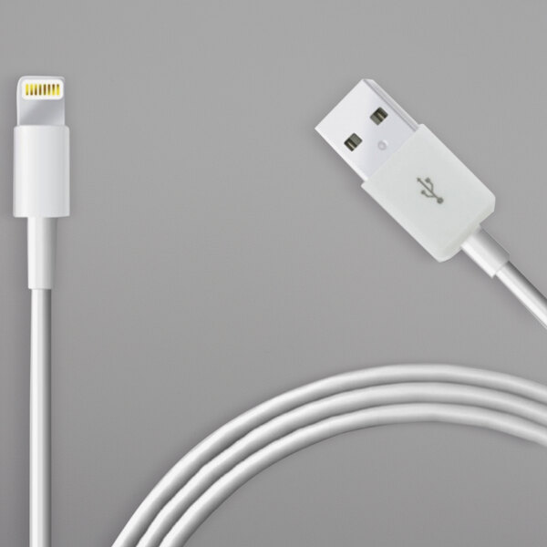 A close-up of a white Case Logic Apple compatible Lightning USB cable.