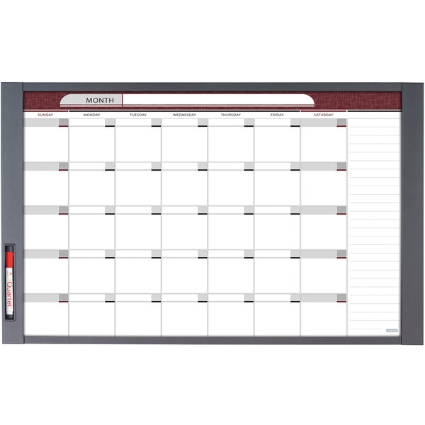 A calendar drawn in red on a white Quartet custom whiteboard.
