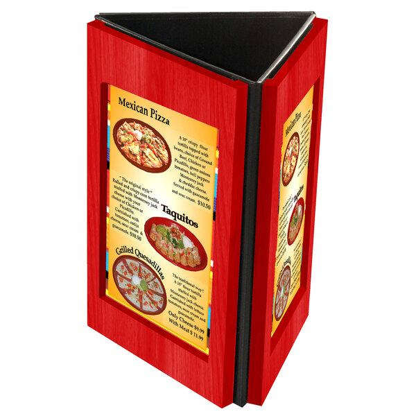 A red rectangular wooden table tent with three panels for menus.