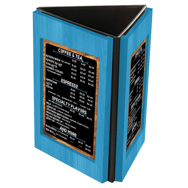 A blue wooden Menu Solutions table tent with black panels holding a blue menu with black text.