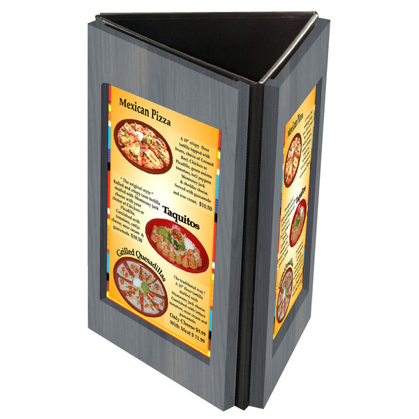 A Menu Solutions wooden table tent with three views of a menu on it.
