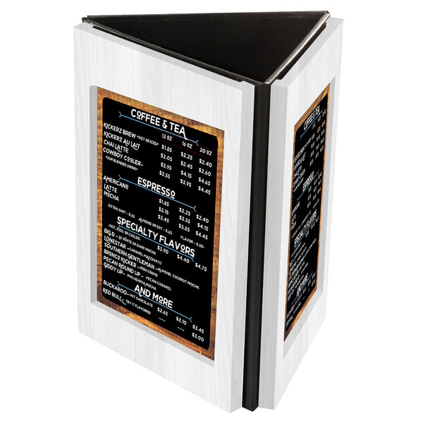 A white wash wooden table tent with a menu inside.