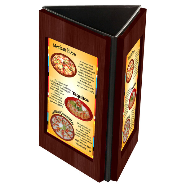A Menu Solutions mahogany wooden table tent with a menu on a table in a pizza parlor.