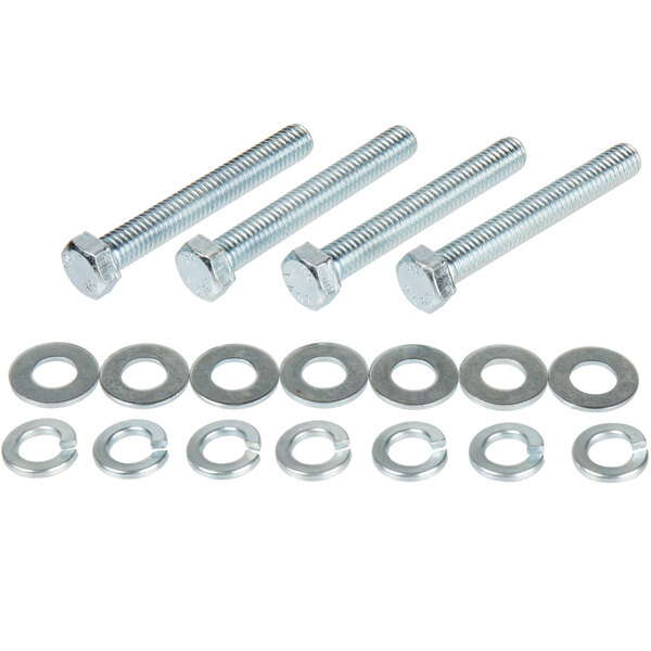 A group of four Metro DMK-2X Dolly Adapter Kit bolts with hexagon heads and metal washers.