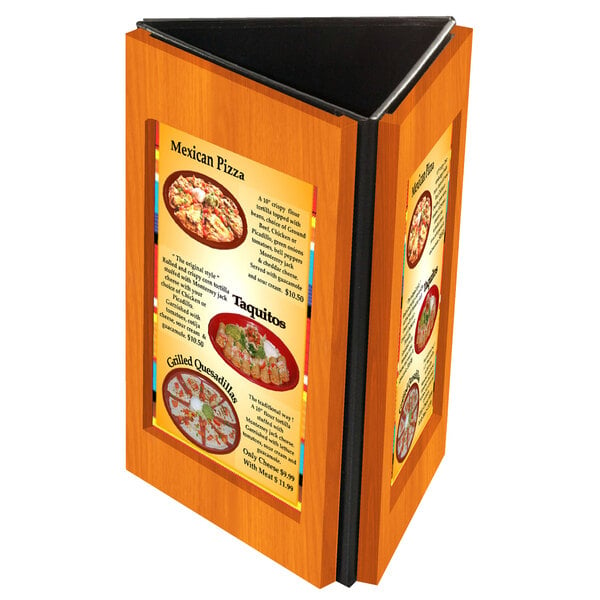 A Menu Solutions wooden table tent with a pizza menu on it.